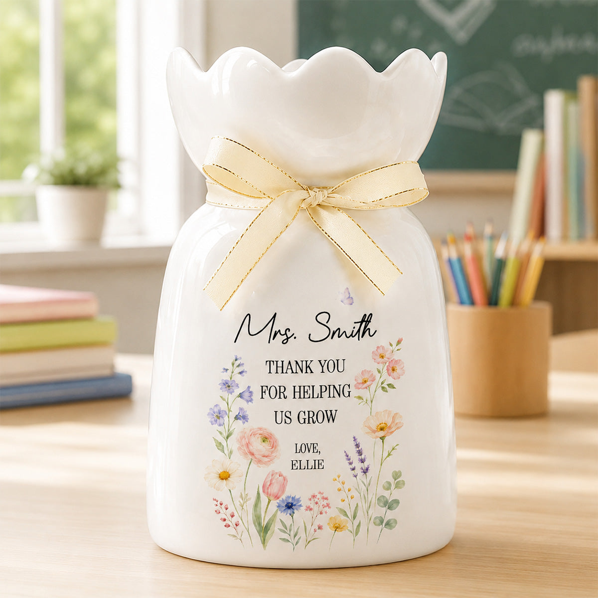 Thank You For Helping Us Grow - Personalized Ceramic Flower Vase - Teacher Appreciation Gift