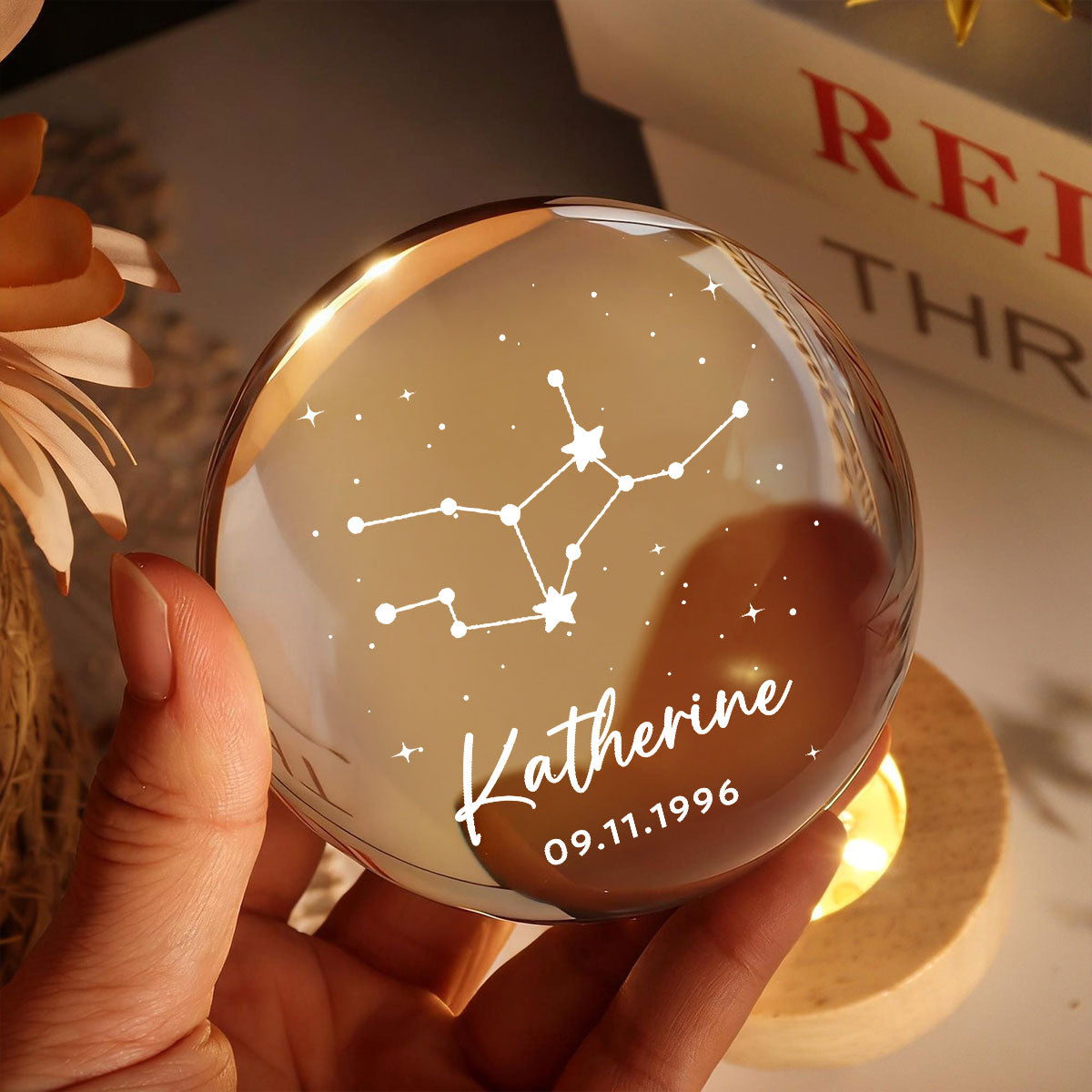Birthday Zodiac Constellation Astrology Star Sign Art - Personalized Crystal Ball LED Night Light - Birthday Gift, Keepsake