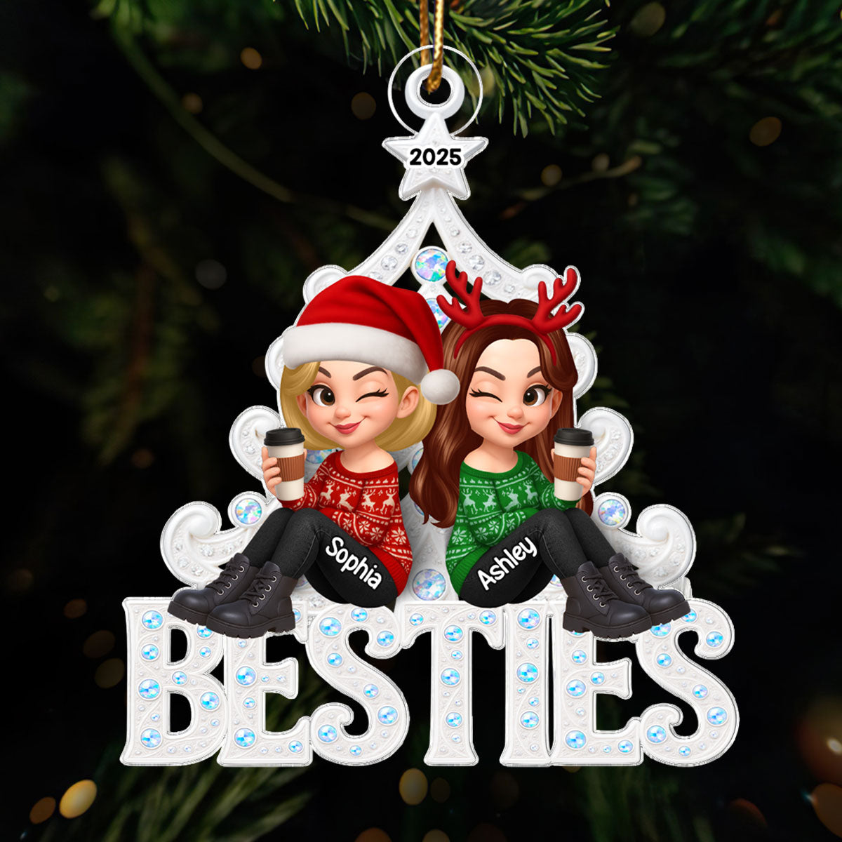 Metal Pattern Christmas Tree Besties - Personalized Acrylic Ornament - Christmas Gift for Besties