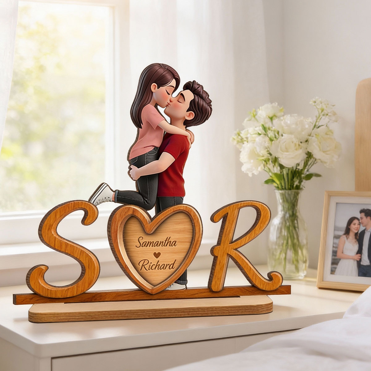 Couple Initials Heart - Personalized 2-Layered Wooden Plaque - Valentine's Day Gift for Her, for Him