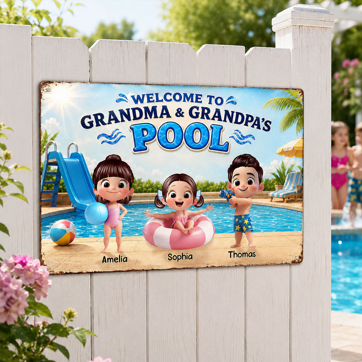 Welcome to Grandma Grandpa's Pool - Personalized Metal Sign - Summer Decor Gift for Grandparents