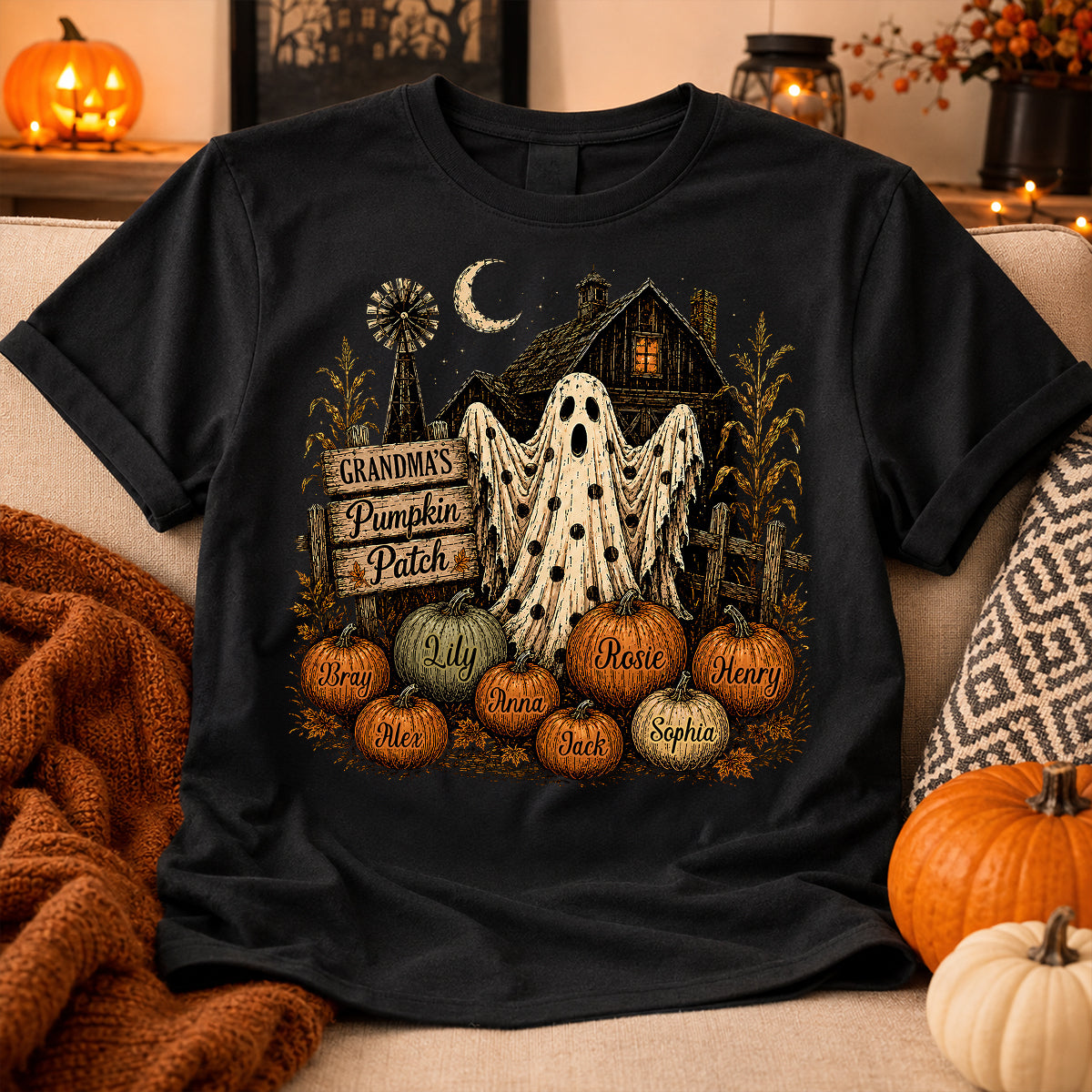 Grandma's Pumpkin Patch Haunted House - Personalized Shirt - Cozy Fall Halloween Tee for Grandma