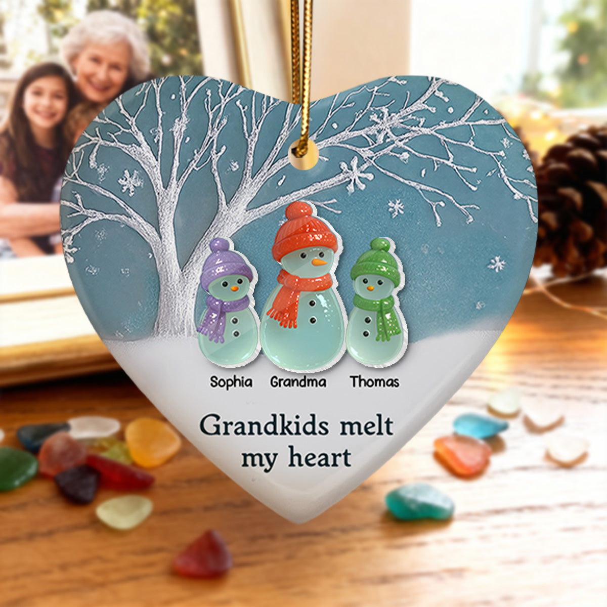 3D Sea Glass Effect Snowman Grandma & Grandkids - Personalized Ceramic Ornament With Acrylic Pieces - Christmas Gift For Grandchildren, Grandma
