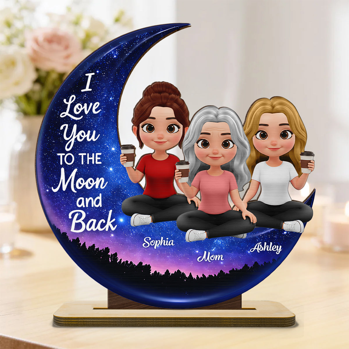 Mom And Daughters Love You To The Moon And Back - Personalized 2-Layered Wooden Plaque - Heartfelt Gift For Mom, Grandma