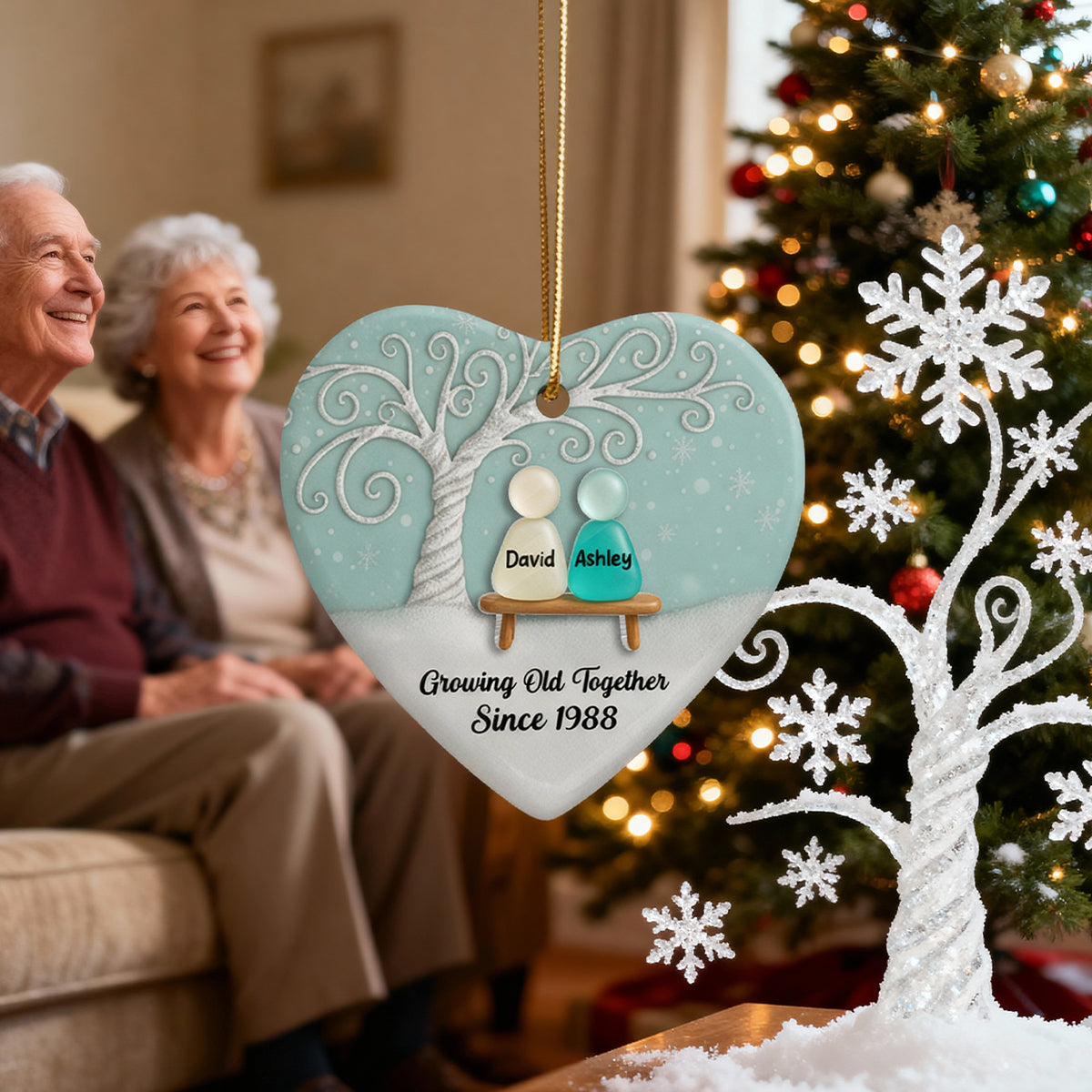 Growing Old Together Sea Glass Couple - Personalized Ceramic Ornament With Acrylic - Unique Gift for Couple, for Wife, for Husband