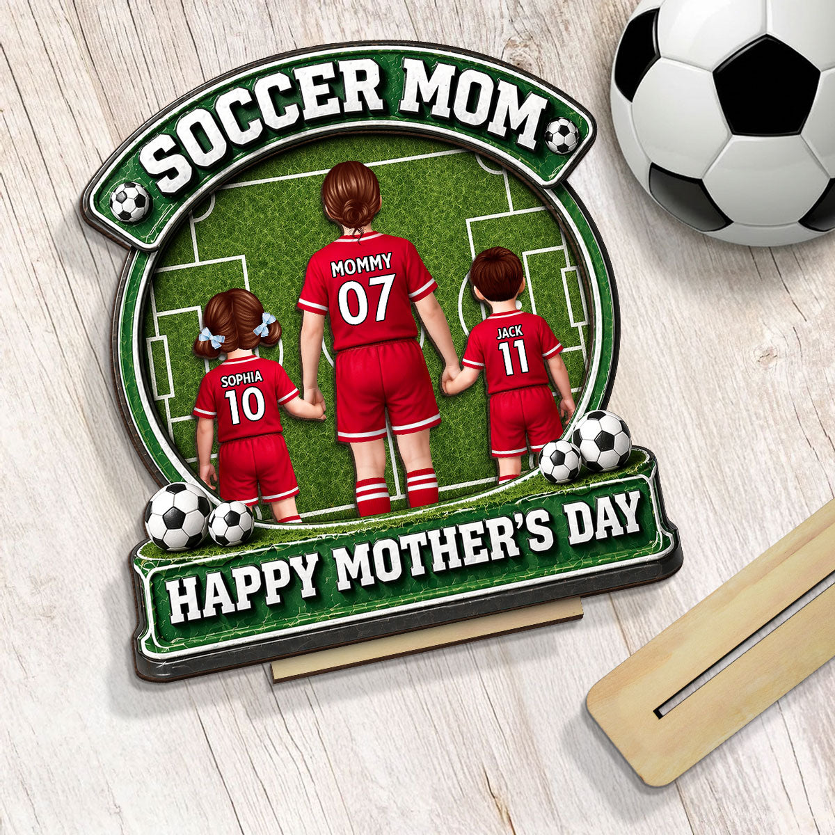 Soccer Mom Back View And Kids - Personalized 2-Layered Wooden Plaque - Heartfelt Gift For Soccer Mom, Gift For Wife