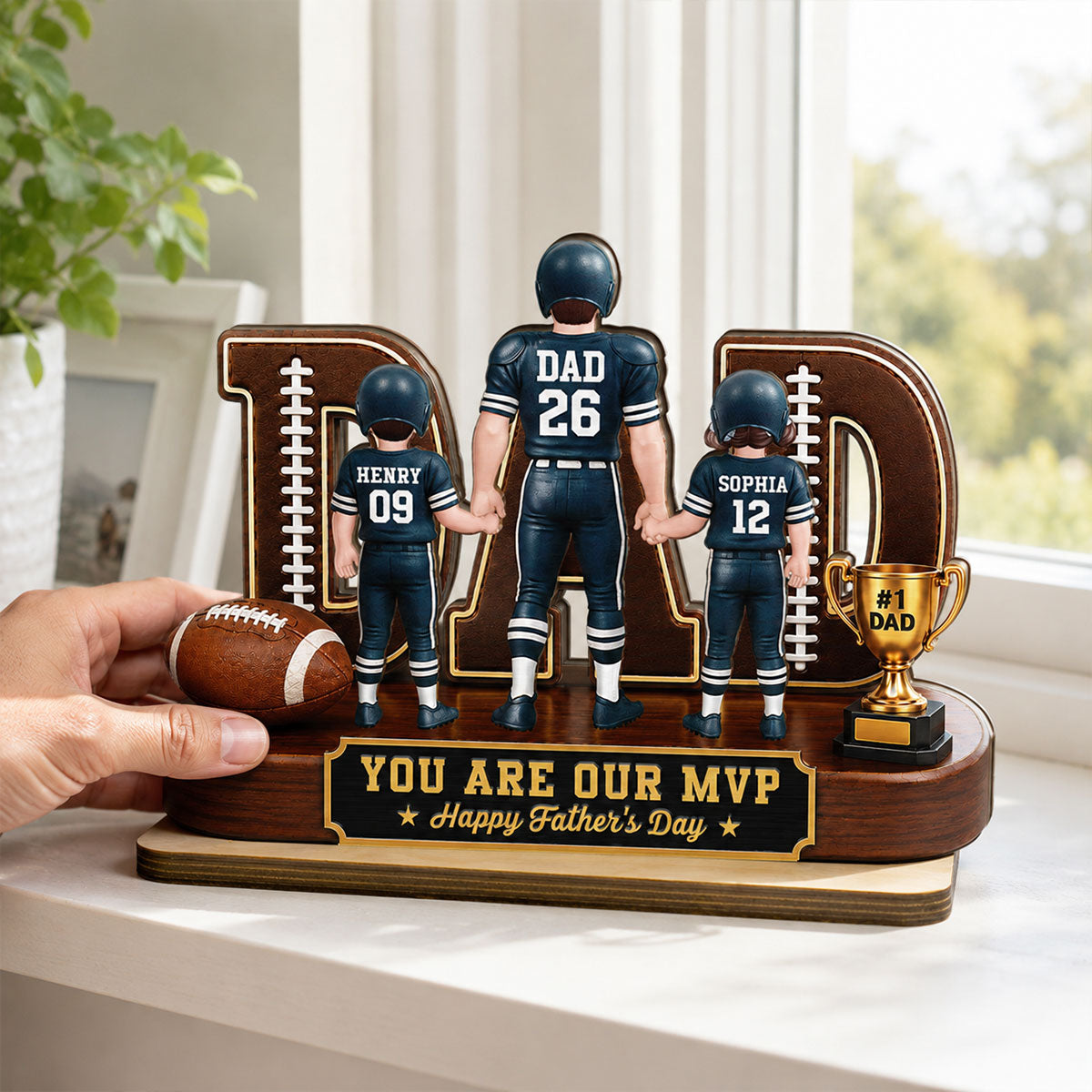 American Football No 1 Dad Legend Daddy's Dream Team - Personalized 2-Layered Wooden Plaque -  Gift For Dad