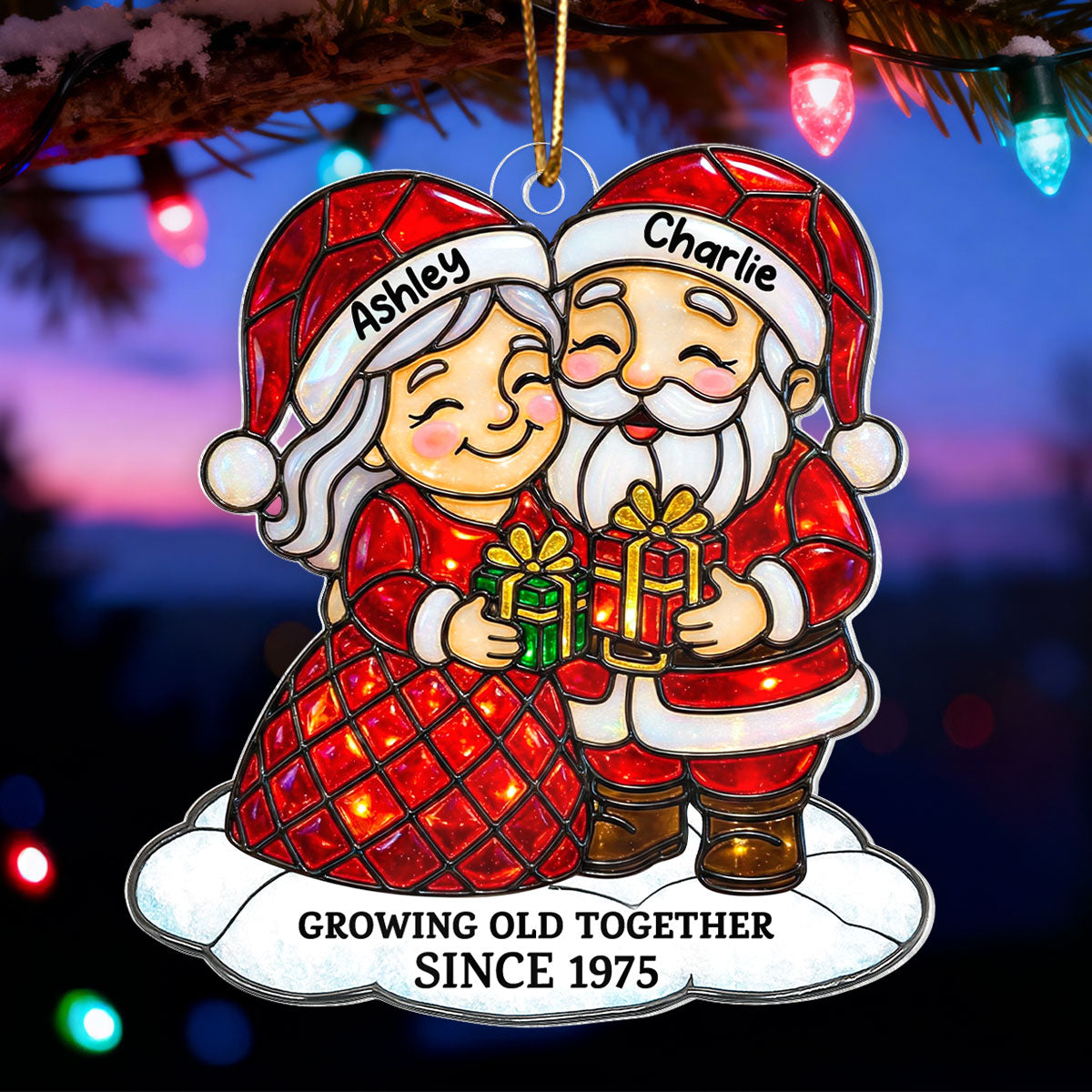 Couple Growing Old Together Stained Glass Pattern - Personalized Acrylic Ornament - Heartwarming Christmas Gift For Him, For Her, For Couple