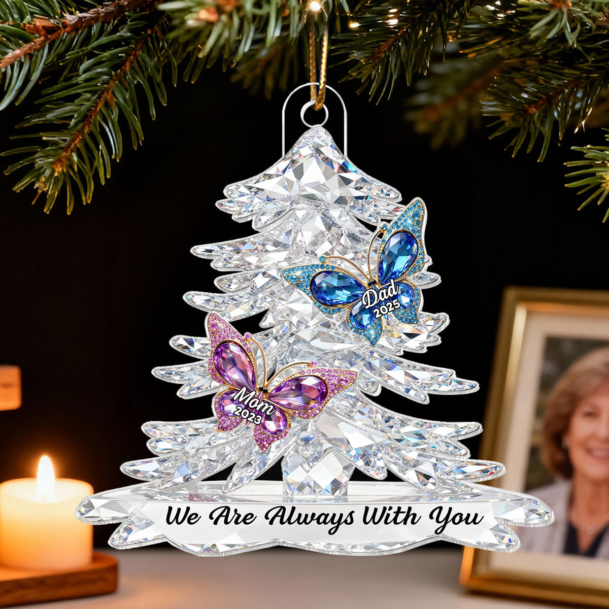 3D Effect Flat Christmas Tree Butterfly Memorial - Personalized Acrylic Ornament - Remembrance Gift, Sympathy Gift