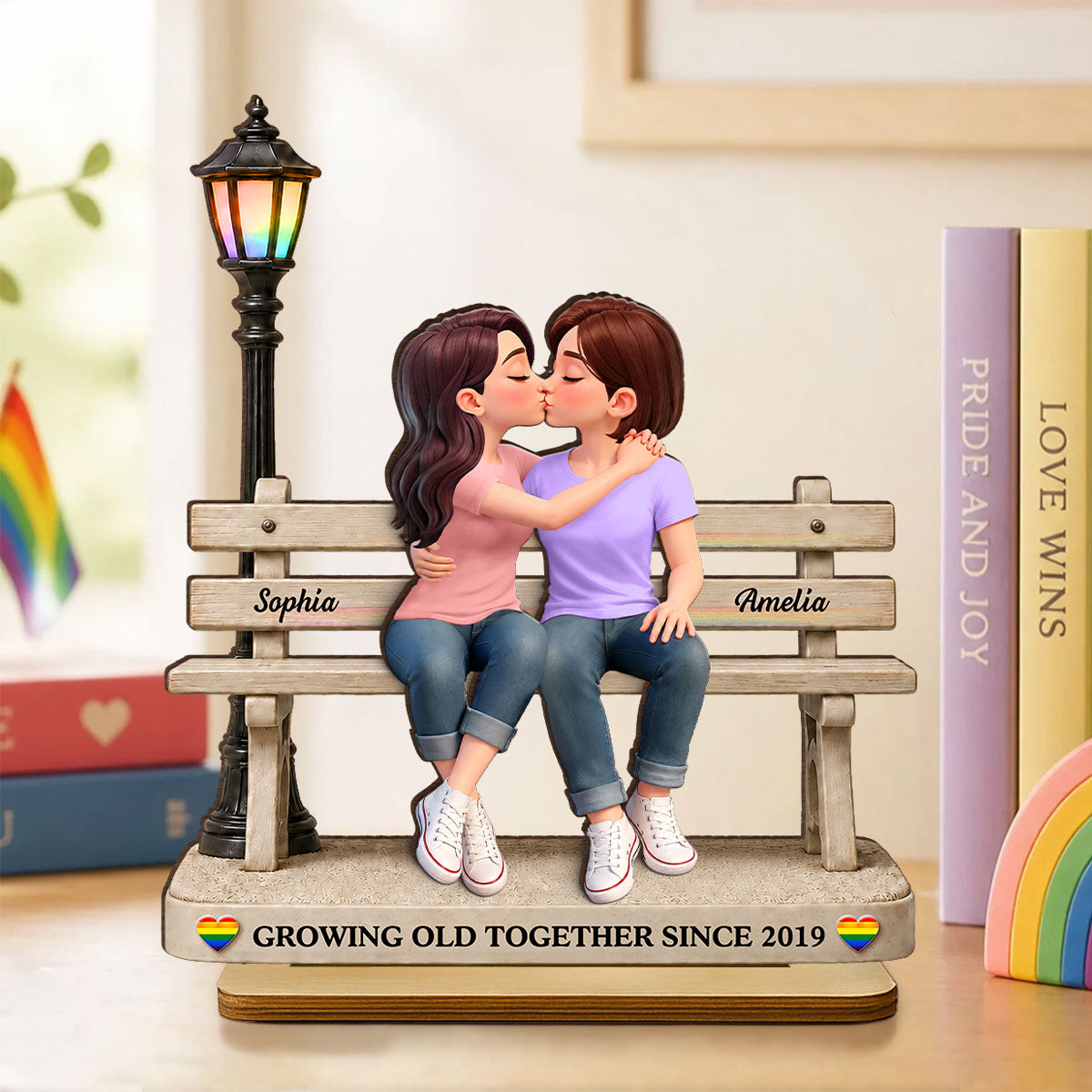 LGBT+ Couple Sitting On Bench - Personalized 2-Layered Wooden Plaque - Gift For Couple, Happy Pride Month