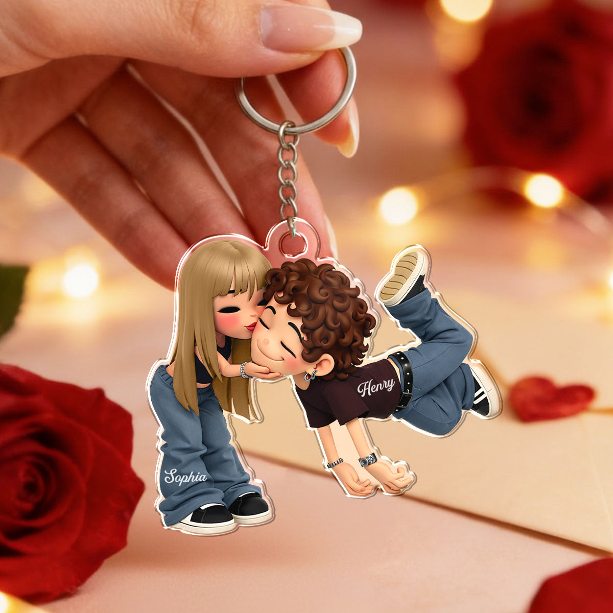 Romantic Cartoon Couple - Personalized Keychain - Gift for Couple