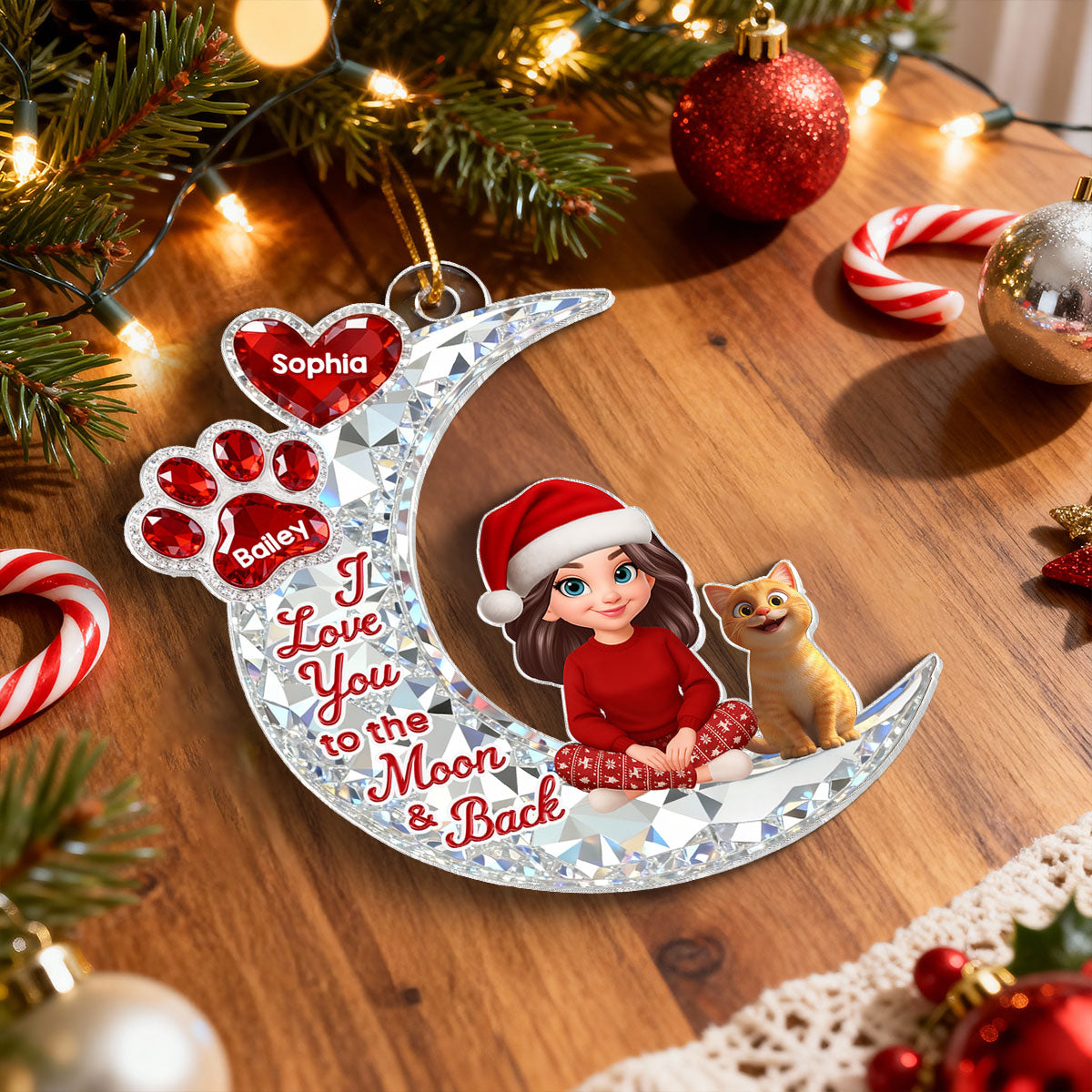 3D Effect Flat Woman And Dog Cat On Moon - Personalized Acrylic Ornament - Christmas Gift For Dog, Cat Lovers
