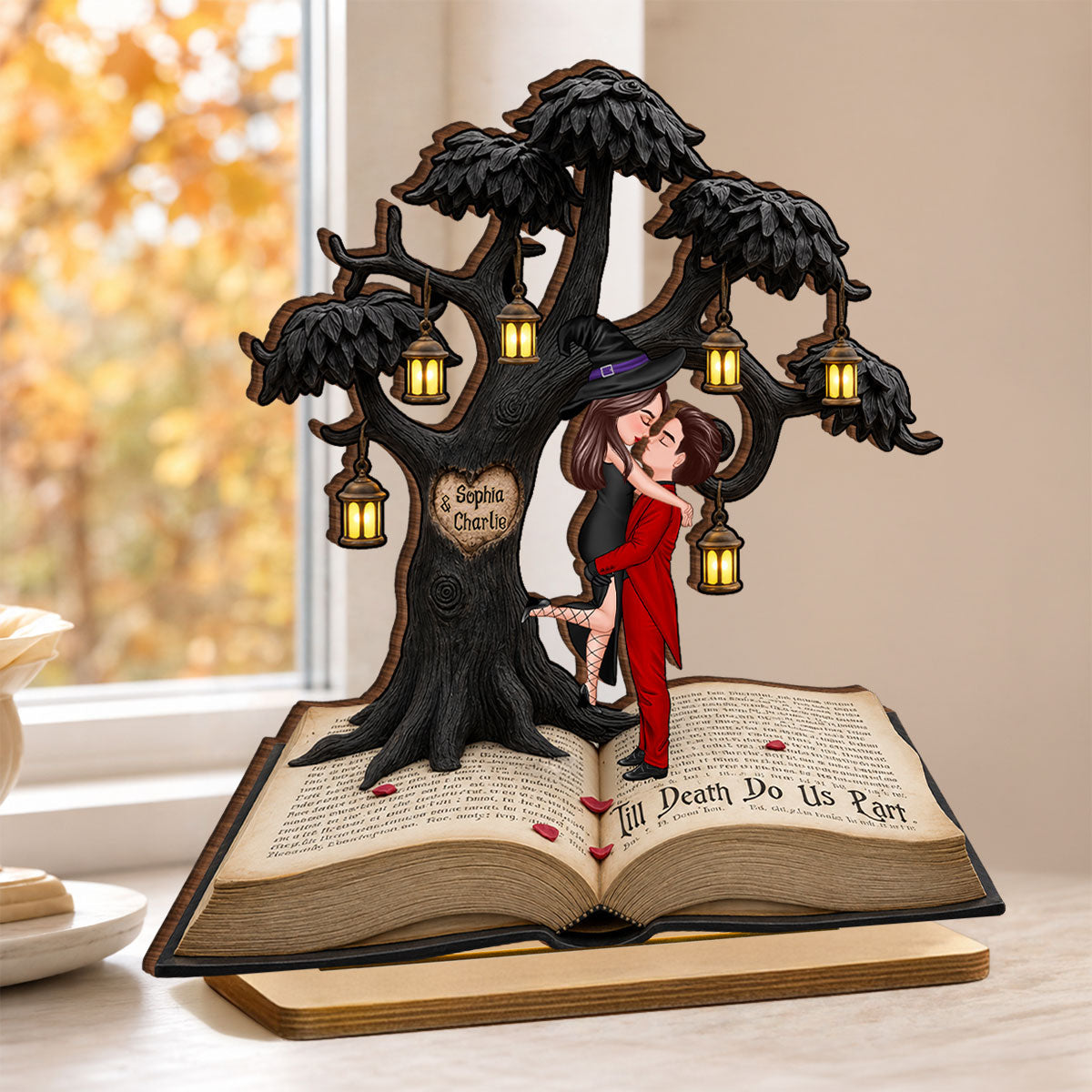 Spooky Love Story Couple - Personalized 2-Layered Wooden Plaque - Halloween Decor Gift, Gift For Couple