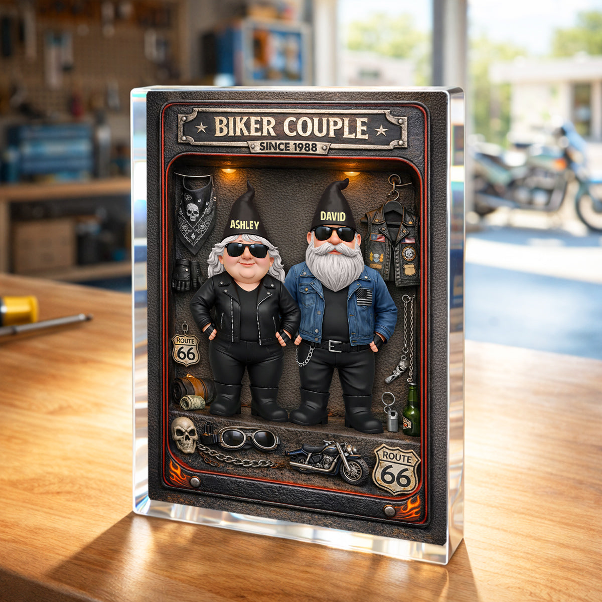 Biker Couple Custom Action Figure - Personalized Acrylic Block Plaque - Anniversary, Valentine's Day Gift, Gift For Him, Gift For Her