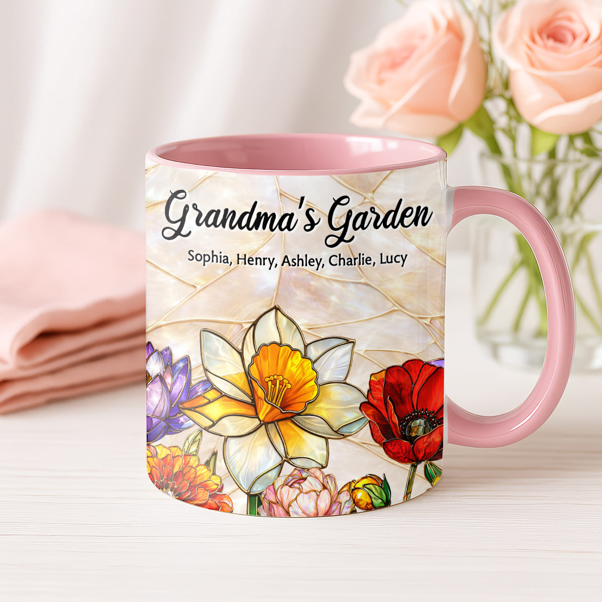 Grandma Mom's Garden Faux 3D Stained Glass Effect - Personalized Mug - Heartfelt Mother's Day Gift for Mom, Grandma, Wife