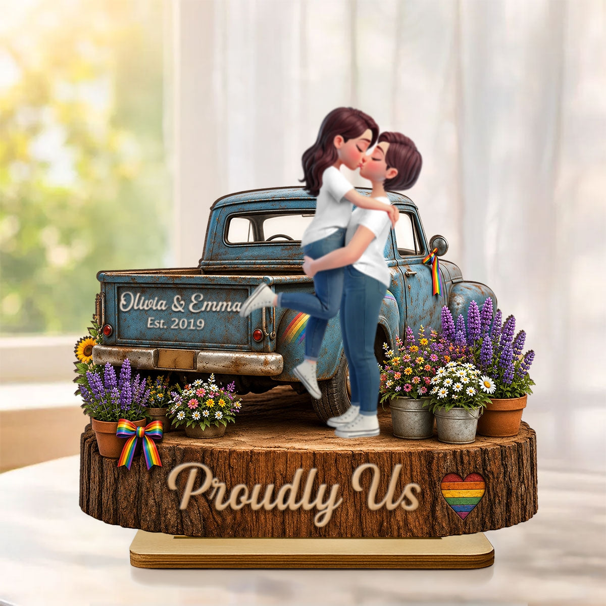 LGBT Couple Pickup Truck Proudly Us - Personalized 2-Layered Wooden Plaque - Gift For Couple, Happy Pride Month