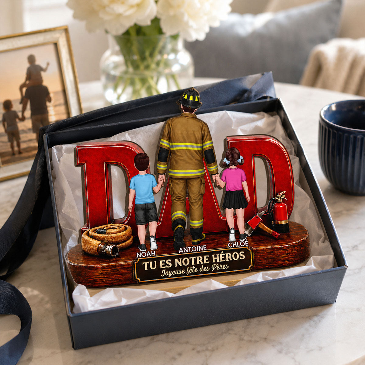 Papa pompier fier - Plaque en bois personnalisée à 2 couches - Cadeau de fête des Pères pour papa, mari