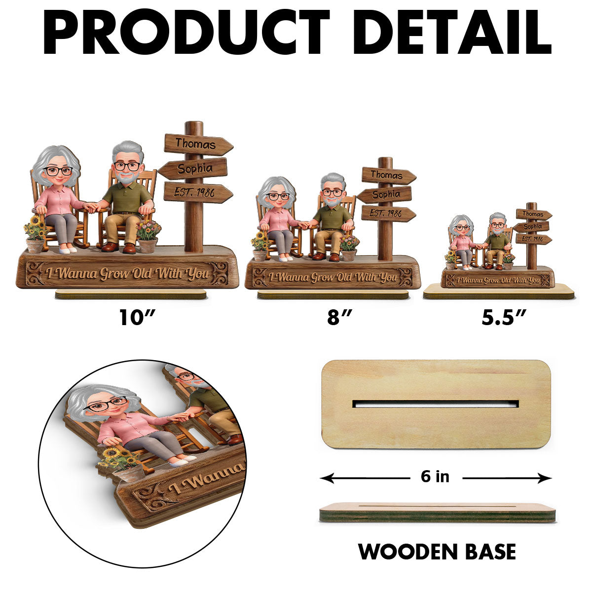Old Couple Sitting On Rocking Chair By Sign Post 2D Flat - Personalized 2-Layered Wooden Plaque