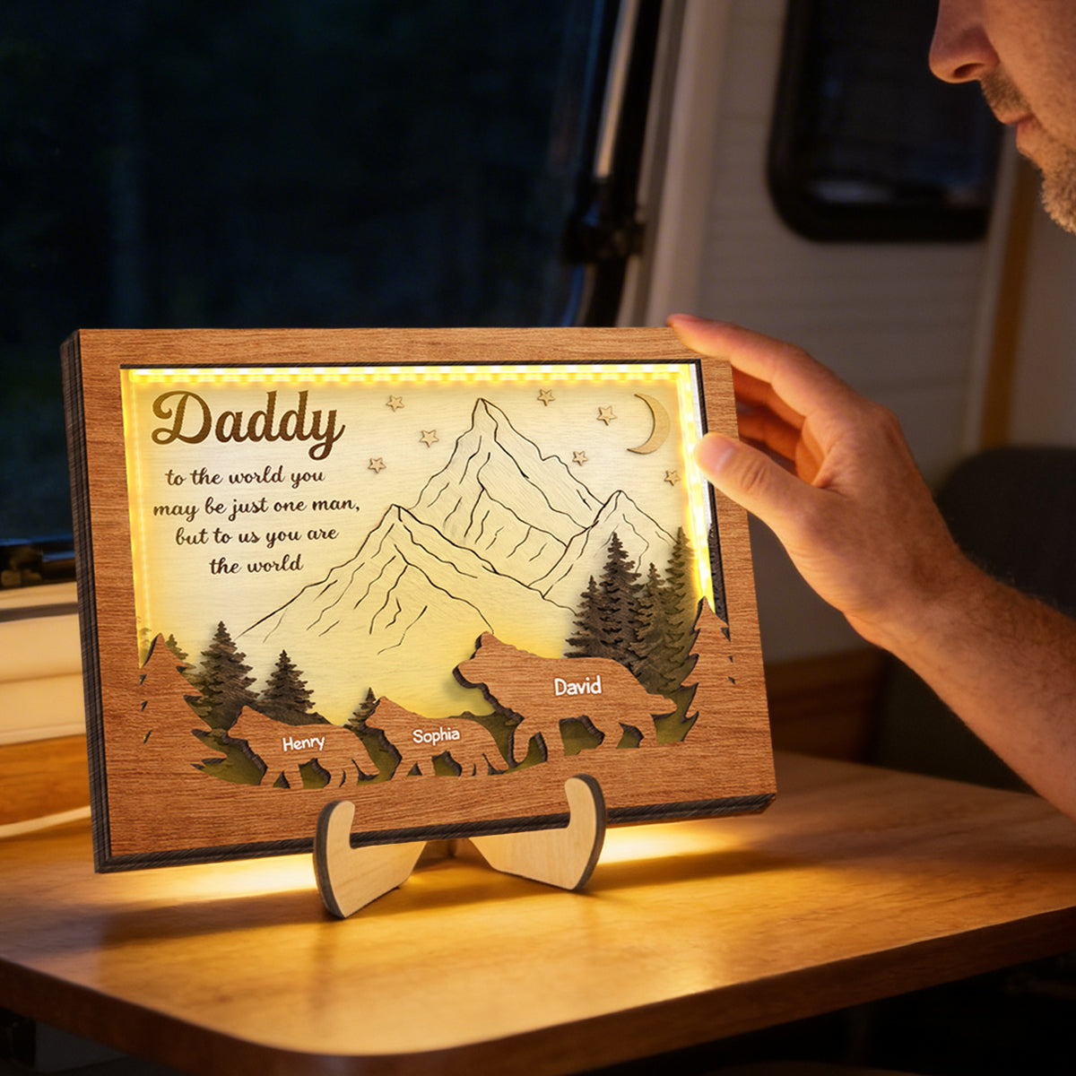 Daddy to Us You Are the World - Personalized 2-Layered Wooden Plaque LED Night Light - Sentimental Gift for Dad, Husband