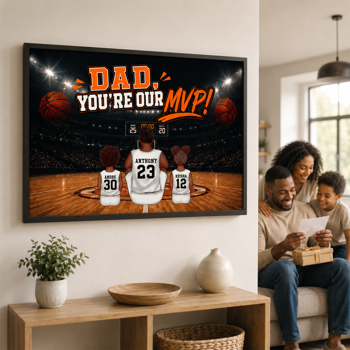 Dad You Are Our MVP Sitting Basketball Man & Kids 2D Flat - Personalized Poster - Father's Day Gift For Basketball Dad