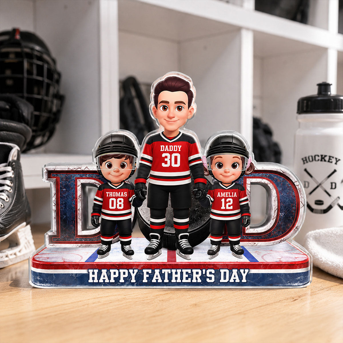 Hockey Dad And Kids Together Front View - Personalized Acrylic Block Plaque -  Gift For Dad, Husband