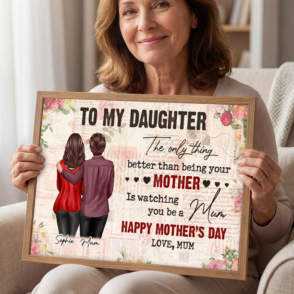 To My Daughter From Mum Vintage Floral Newspaper - Personalised Poster - UK Mother's Day