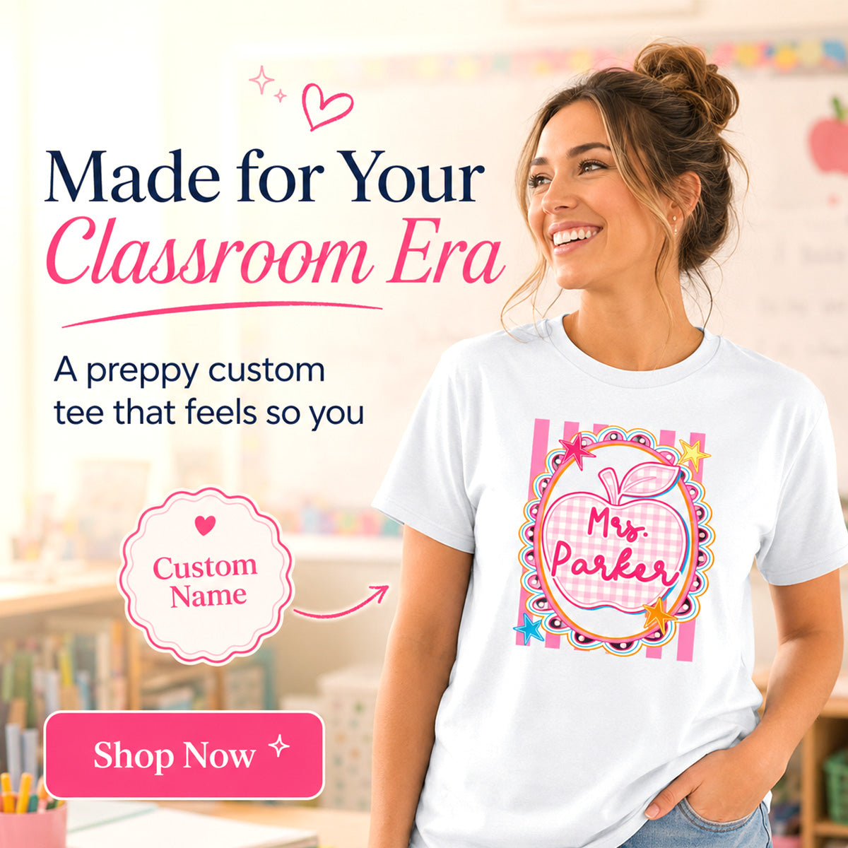 Preppy Apple Teacher Custom Name - Personalized Shirt - Back To School Gift for Teachers