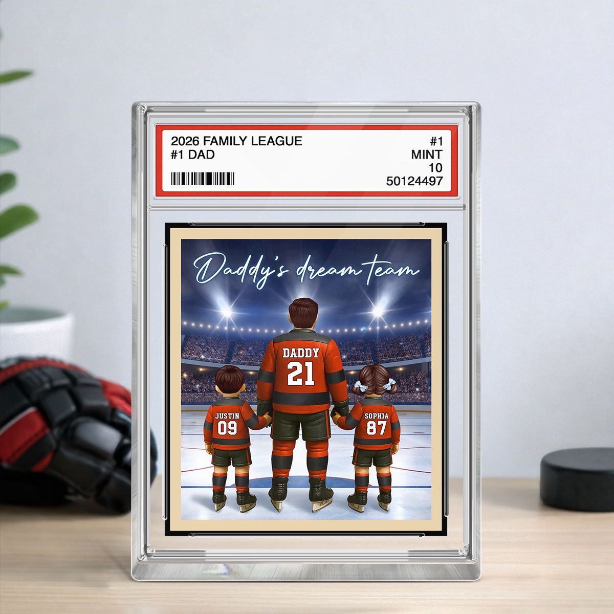 Daddy's Dream Team Hockey Trading Card Style - Personalized Acrylic Block Plaque - Heartfelt Gift For Hockey Dad, Gift For Husband