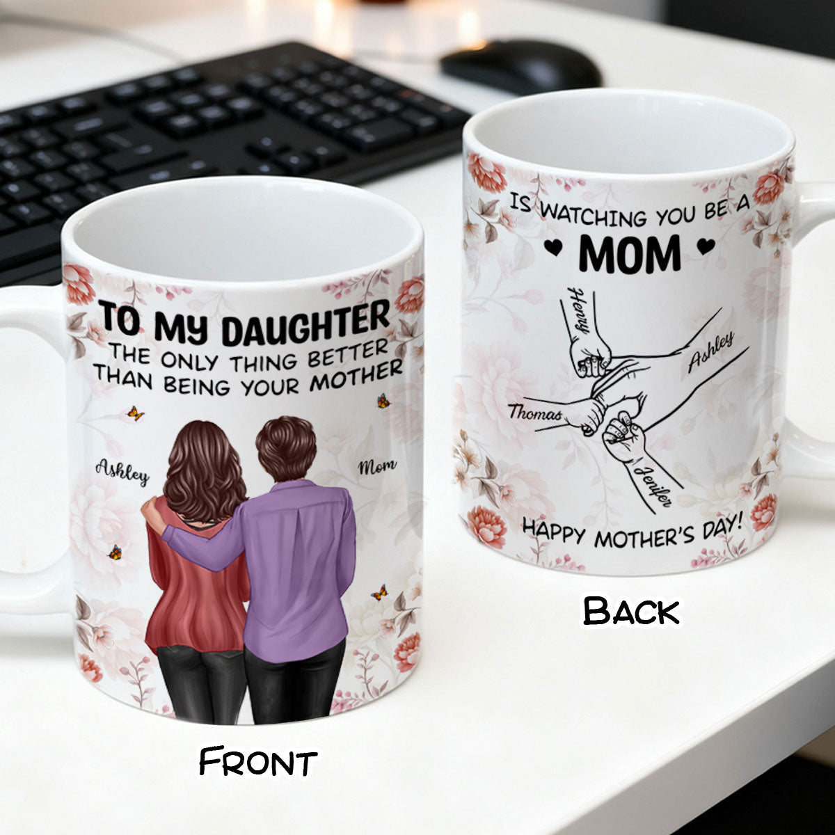 To My Daughter From Mom Hands Outline Floral Pink Tone - Personalized Mug - Mother's Day Gift For Daughter