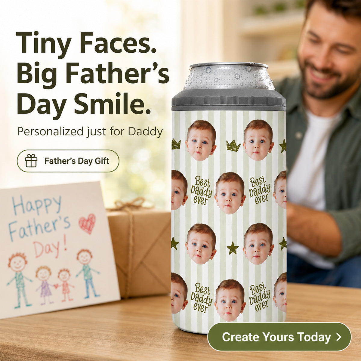 Custom Photo Stripe Theme - Personalized 4-In-1 Can Cooler - Father's Day Gift For Dad, Grandpa