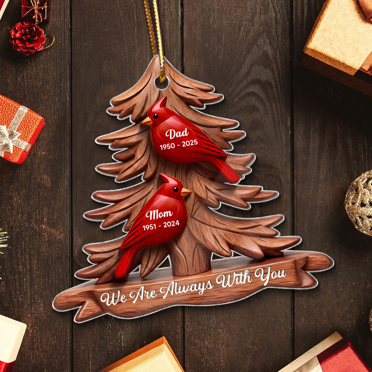 3D Effect Flat Christmas Cardinals Memorial - Personalized Ornament - Remembrance Gift, Sympathy Gift