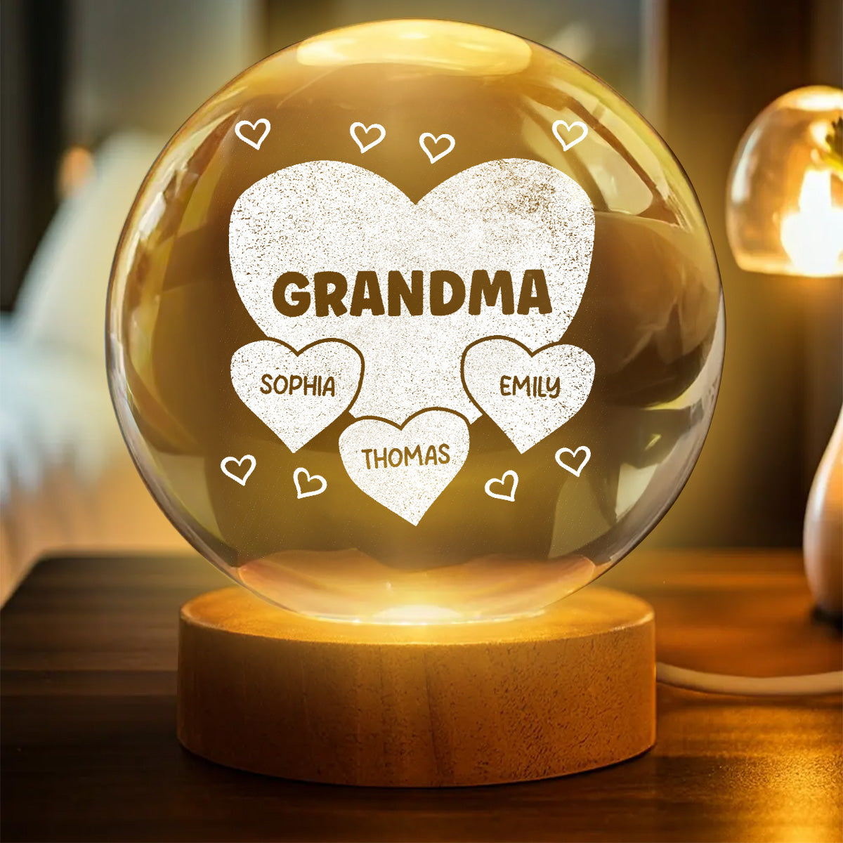 Grandma Mom Hearts Custom Kids Names - Personalized Crystal Ball LED Night Light - Gift For Grandma, Mom