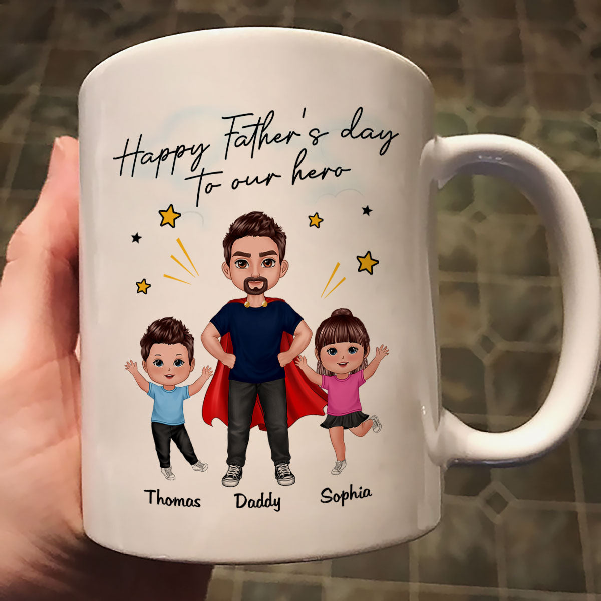 Happy Father‘s Day To Our Hero Super Dad & Happy Doll Kid Gift For Dad Personalized Mug