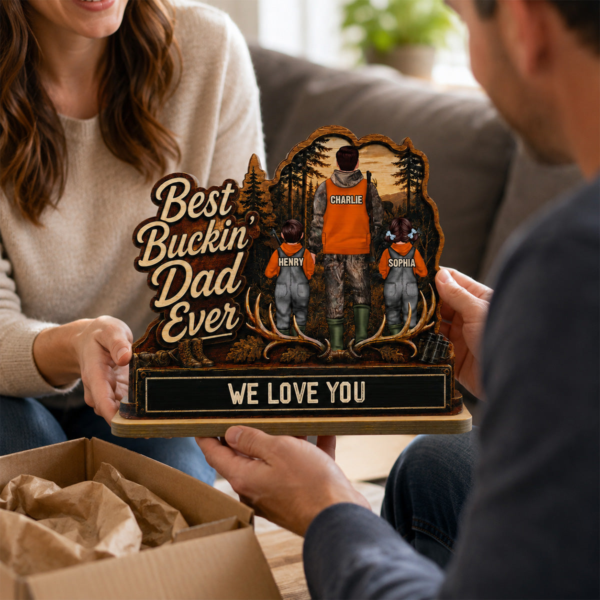 Best Buckin' Dad Papa Ever Hunting Man & Kids 2D Flat - Personalized 2-Layered Wooden Plaque -  Gift For Hunting Dad, Grandpa