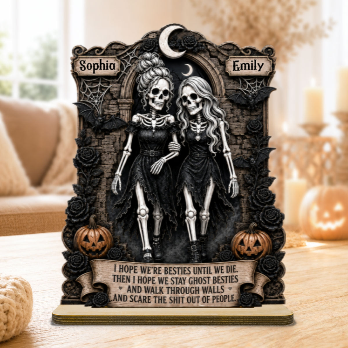 Skeleton Besties Walk Through Wall & Scare People 2D Flat - Personalized 2-Layered Wooden Plaque - Funny Work Bestie Gift, Halloween Keepsake For Best Friends
