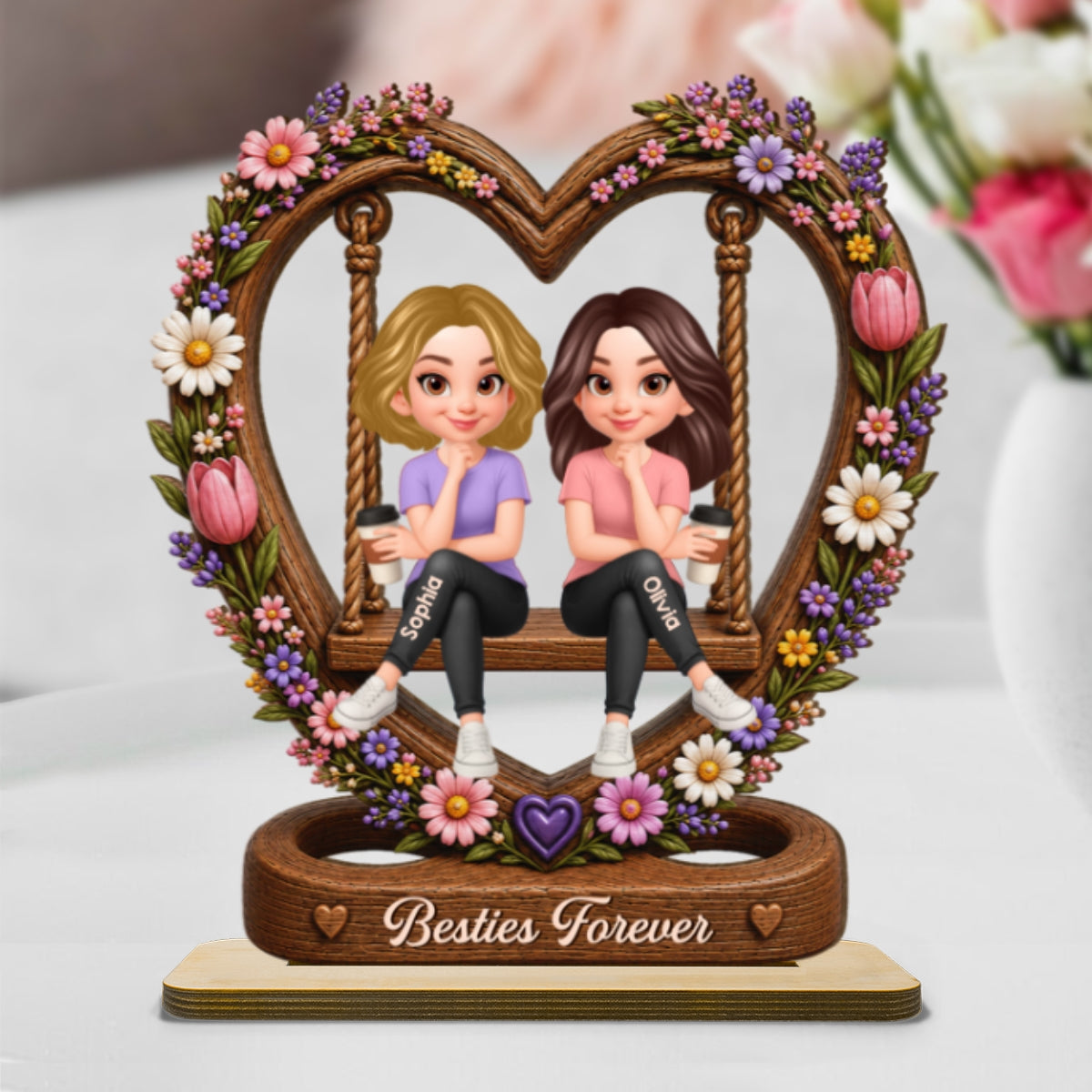Besties Sister Floral Swing 2D Flat - Personalized Wooden Plaque