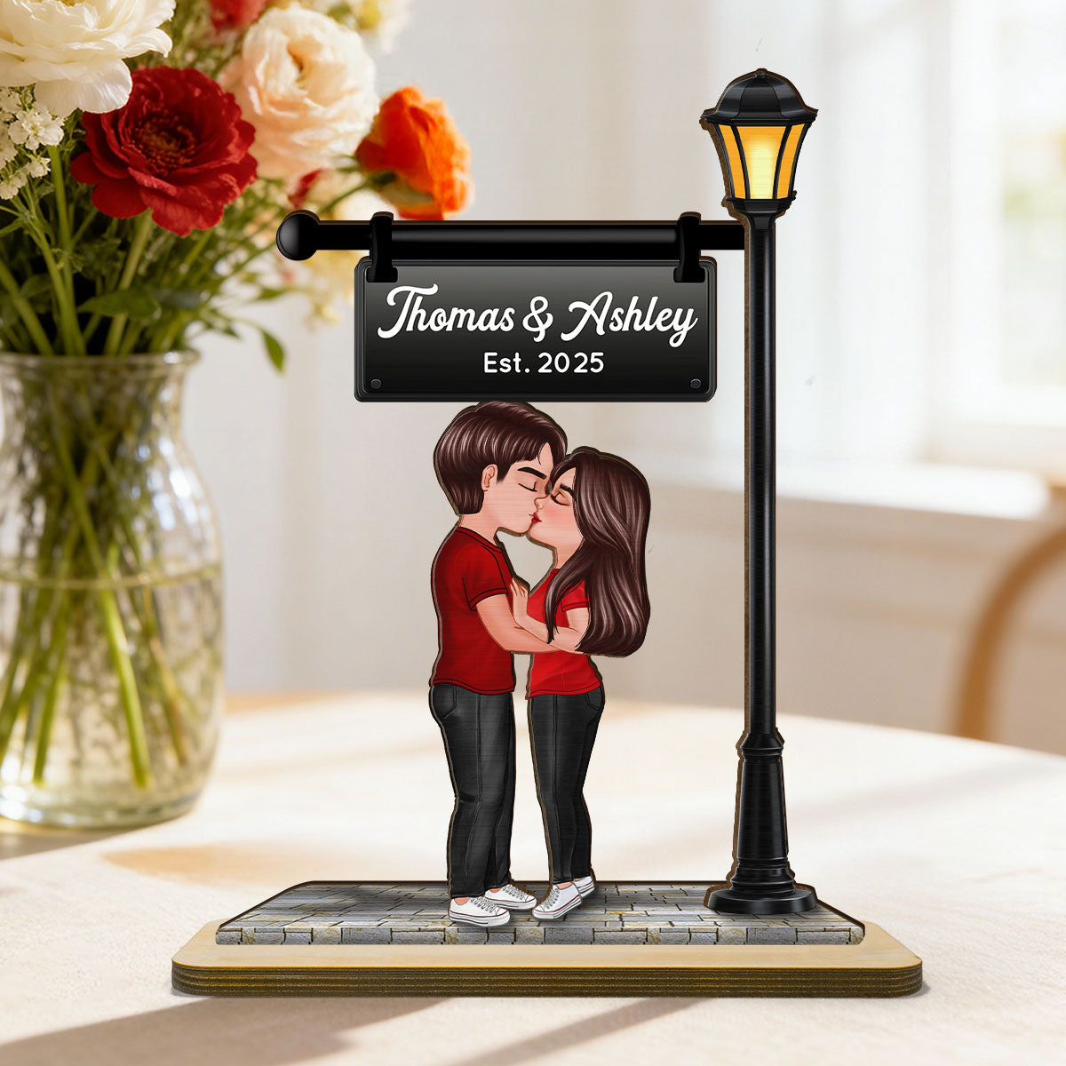 Eternal Love Couple Kissing Under Street Lamp Post - Personalized 2-Layer Wooden Plaque - Gift For Couple, Gift For Him, For Her