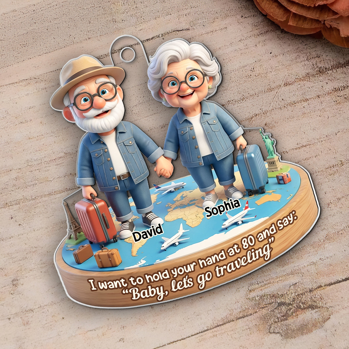 3D Effect Old Couple Baby Let's Go Traveling  - Personalized Acrylic Car Hanger - Sentimental Gift for him, for her