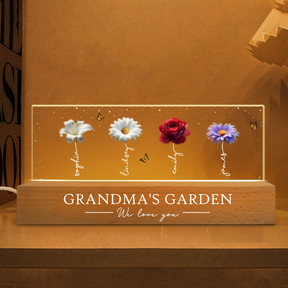 Grandma's Garden Beautiful 3D Effect Birth Flowers - Personalized Acrylic Block LED Night Light - Gift For Grandma