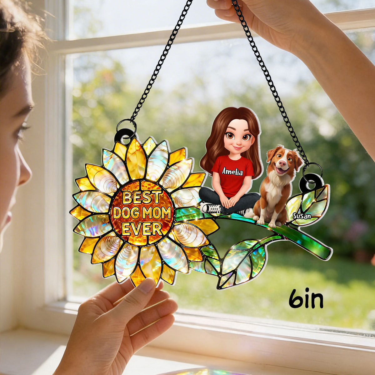 Sunflower Dog Mom and Dogs Sitting - Personalized Window Hanging Suncatcher - Mother's Day Gift for Mom, Wife