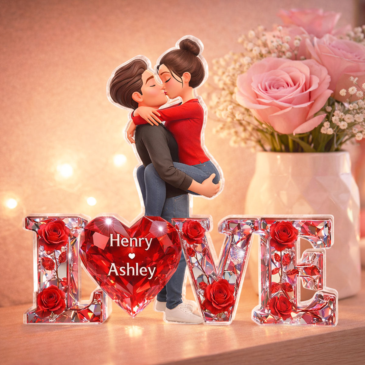 3D Shiny Rose Love Kissing Couple - Personalized Acrylic Block Plaque - Heartfelt Valentine's Day Gift For Him, Gift For Her