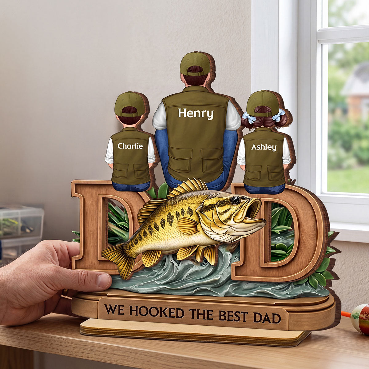 Fishing Dad And Kids Sitting Together - Personalized 2-Layered Wooden Plaque - Heartfelt Gift For Dad, Gift For Husband
