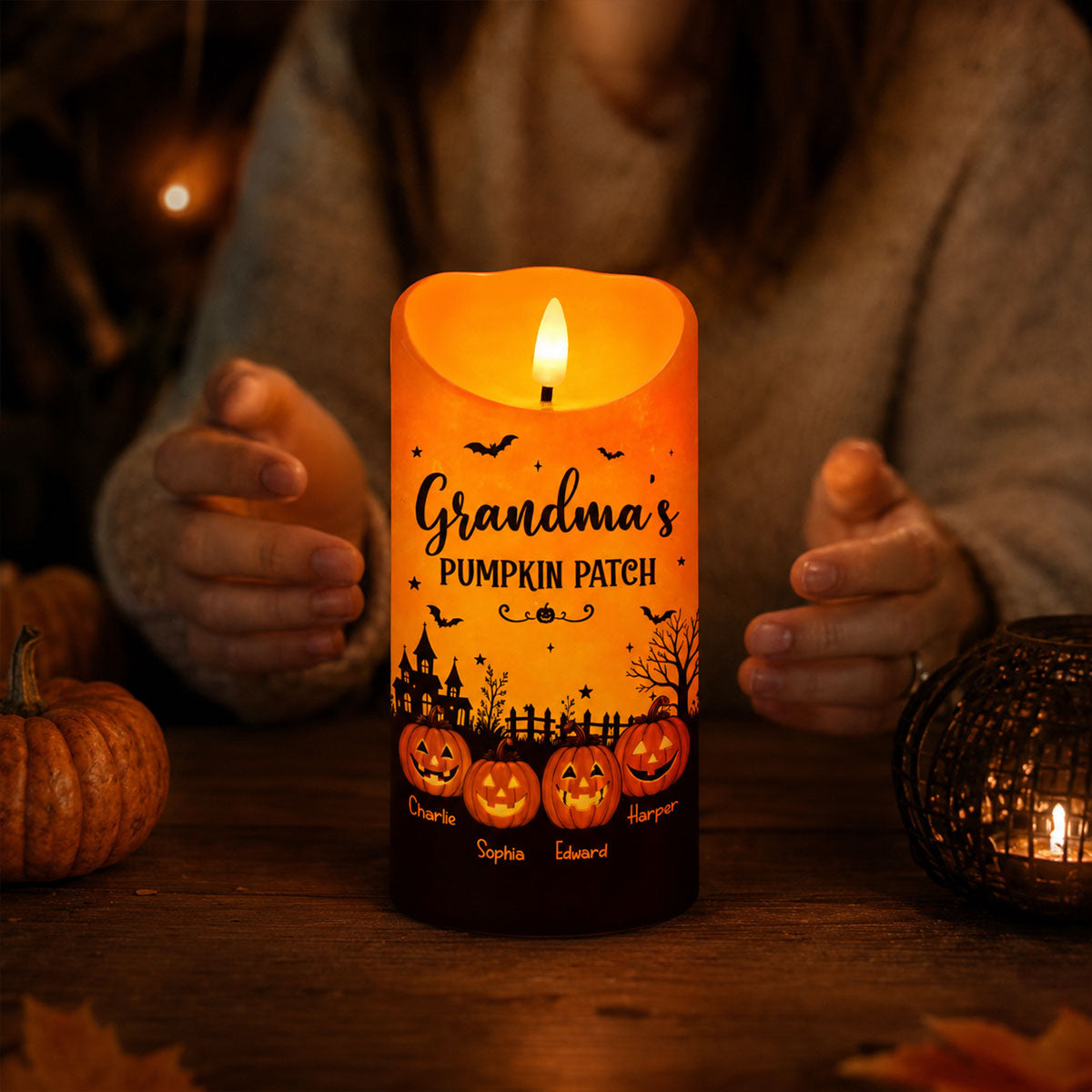 Grandma's Pumpkin Patch Jack-o'-lantern Pumpkins - Personalized LED Candle - Perfect Halloween Decor For Grandma