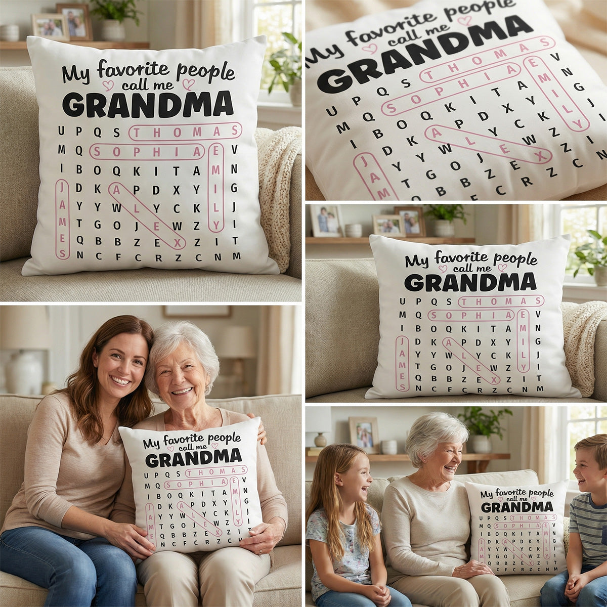 Grandma's Favorite People Word Search Puzzle - Personalized Pillow - Mother's Day Gift For Grandma Mom