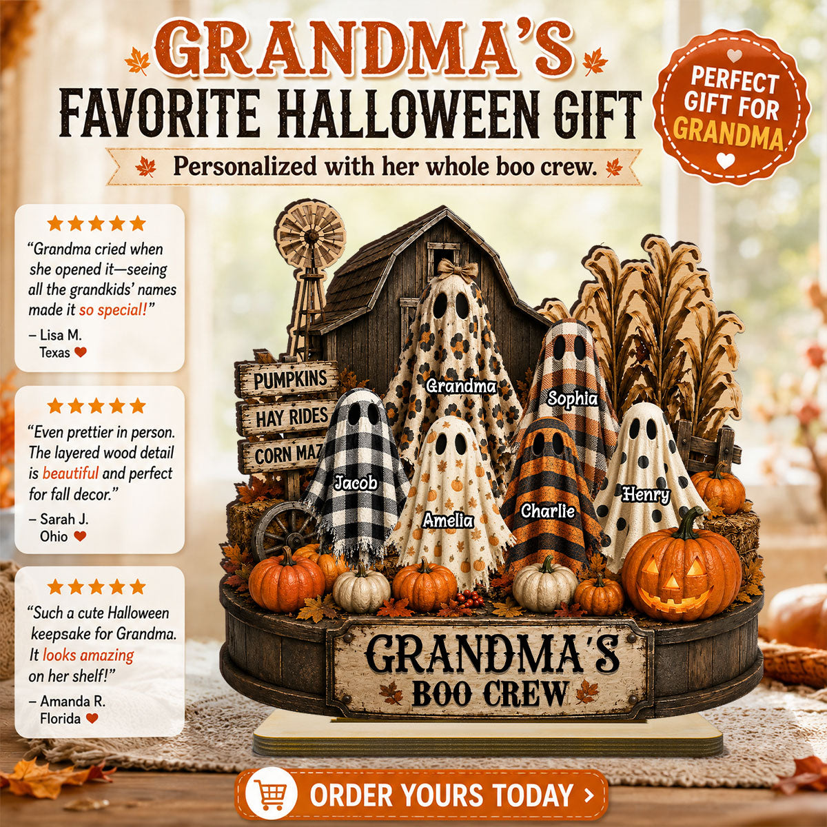 Grandma's Boo Crew Pumpkin Patch - Personalized 2-Layered Wooden Plaque - Halloween Fall Decor for Grandma