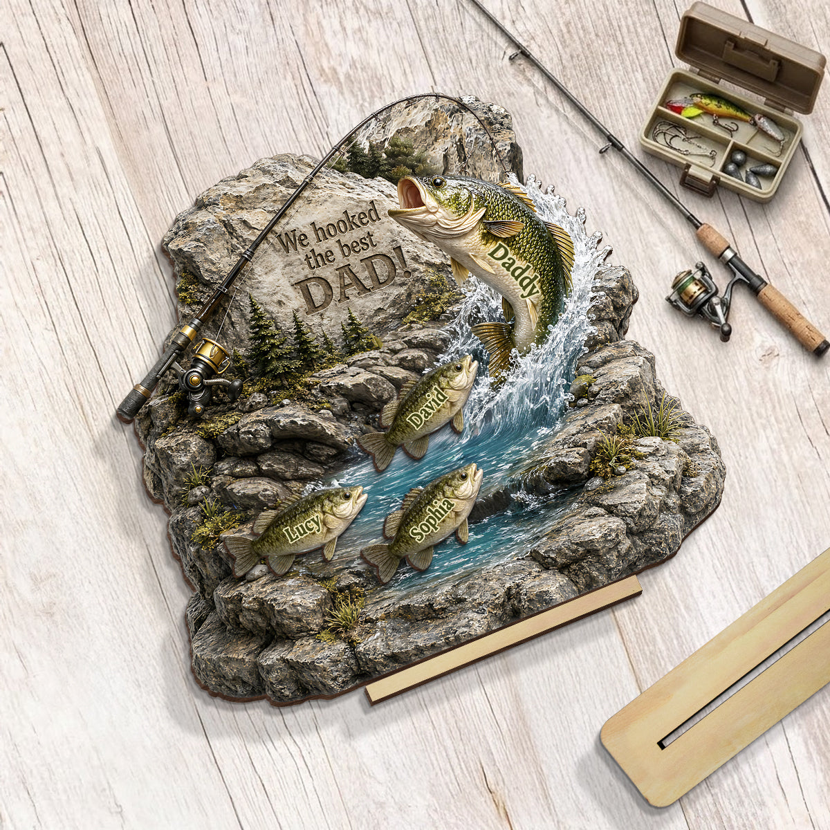 Fishing Dad And Kids Together - Personalized 2-Layered Wooden Plaque - Heartfelt Gift For Fishing Dad, Gift For Husband