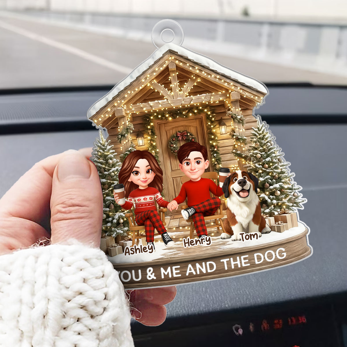 Couple And The Dogs Front Porch - Personalized Acrylic Ornament - Christmas Gift for him, for her
