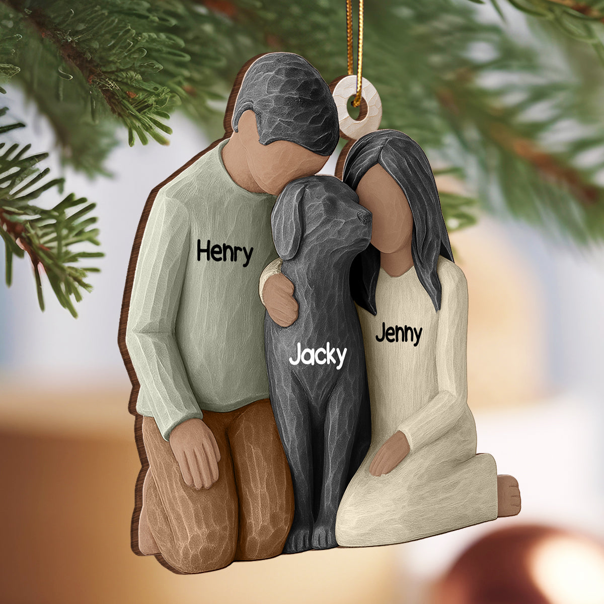 Couple and the Dogs 3D Effect - Personalized Wooden Ornament - Christmas Gift for him, for her