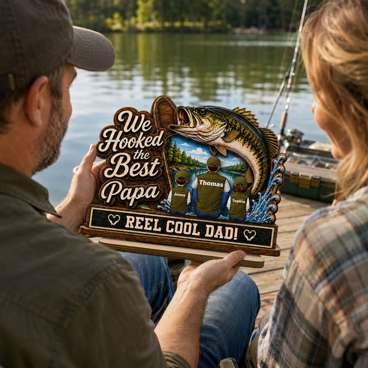 We Hooked The Best Grandpa Back View 2D Flat - Personalized 2-Layered Wooden Plaque -  Gift For Fishing Lovers