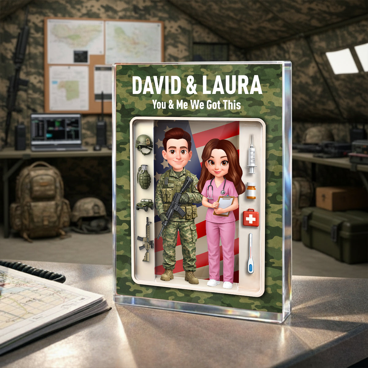 Army & Nurse Couple 3D Action Figure - Personalized Acrylic Block Plaque - Heartfelt Gift for Him, for Her